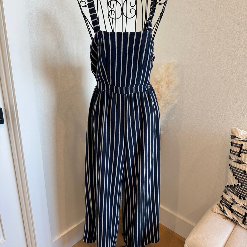 My Michelle Navy White Striped Wide Leg Cropped Jumpsuit Size Small